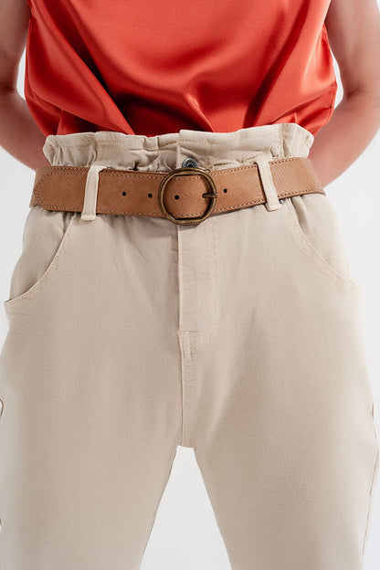 Elasticated paper bag waist mom jean in beige - Coloured Jeans