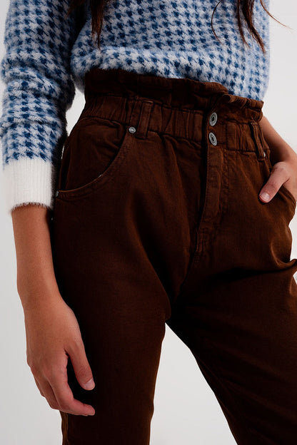 Elasticated paper bag waist mom jean in brown - Coloured Jeans