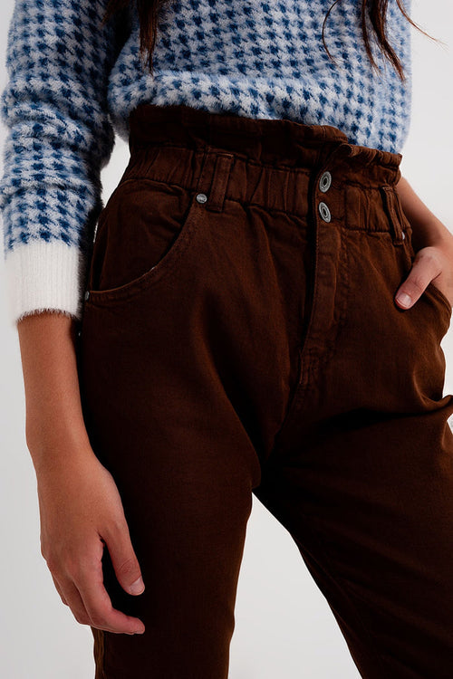 Elasticated paper bag waist mom jean in brown - Coloured Jeans
