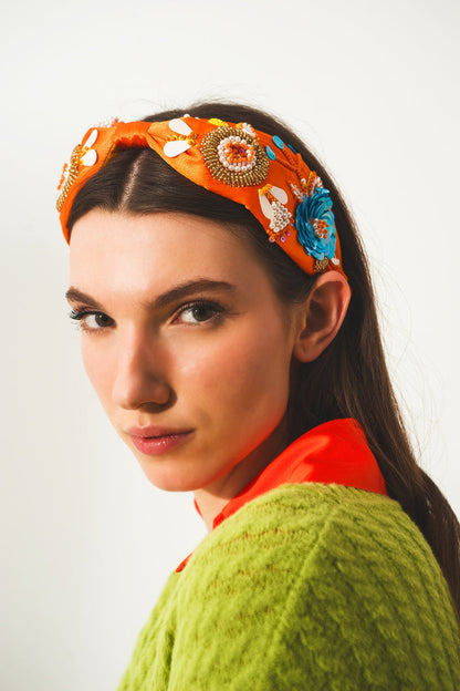 Embellished chunky headband in orange