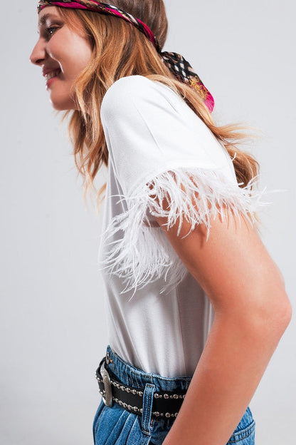 Embellished top with faux feather cuffs in white - top