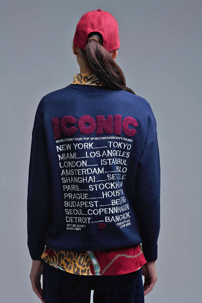 Embroidered ICONIC Sweater with Global Tour Back Print in Navy