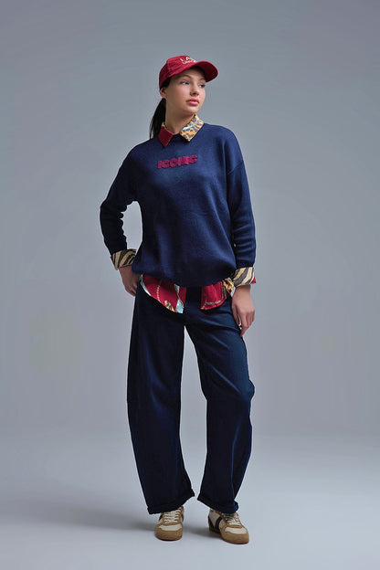 Embroidered ICONIC Sweater with Global Tour Back Print in Navy