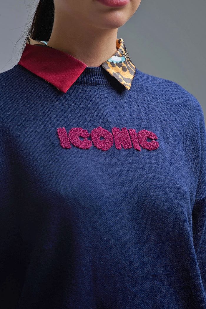 Embroidered ICONIC Sweater with Global Tour Back Print in Navy