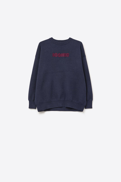 Embroidered ICONIC Sweater with Global Tour Back Print in Navy