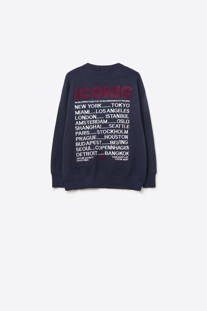 Embroidered ICONIC Sweater with Global Tour Back Print in Navy