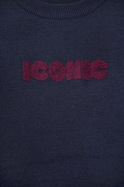 Embroidered ICONIC Sweater with Global Tour Back Print in Navy