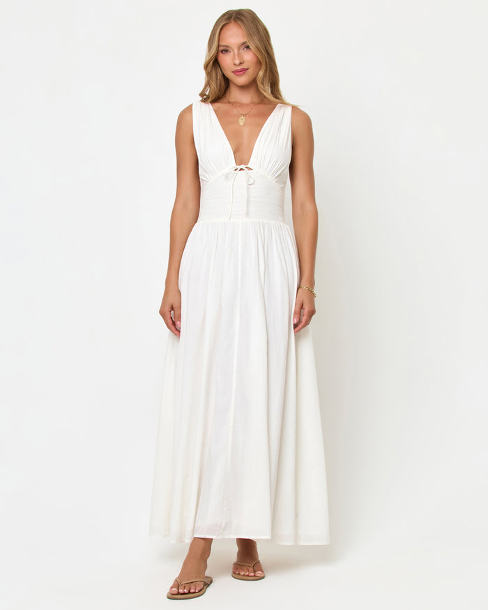 LSPACE Emmaline maxi dress in cream, front view on model.