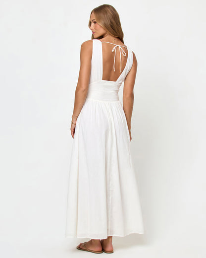 LSPACE Emmaline maxi dress in cream, back view on model.