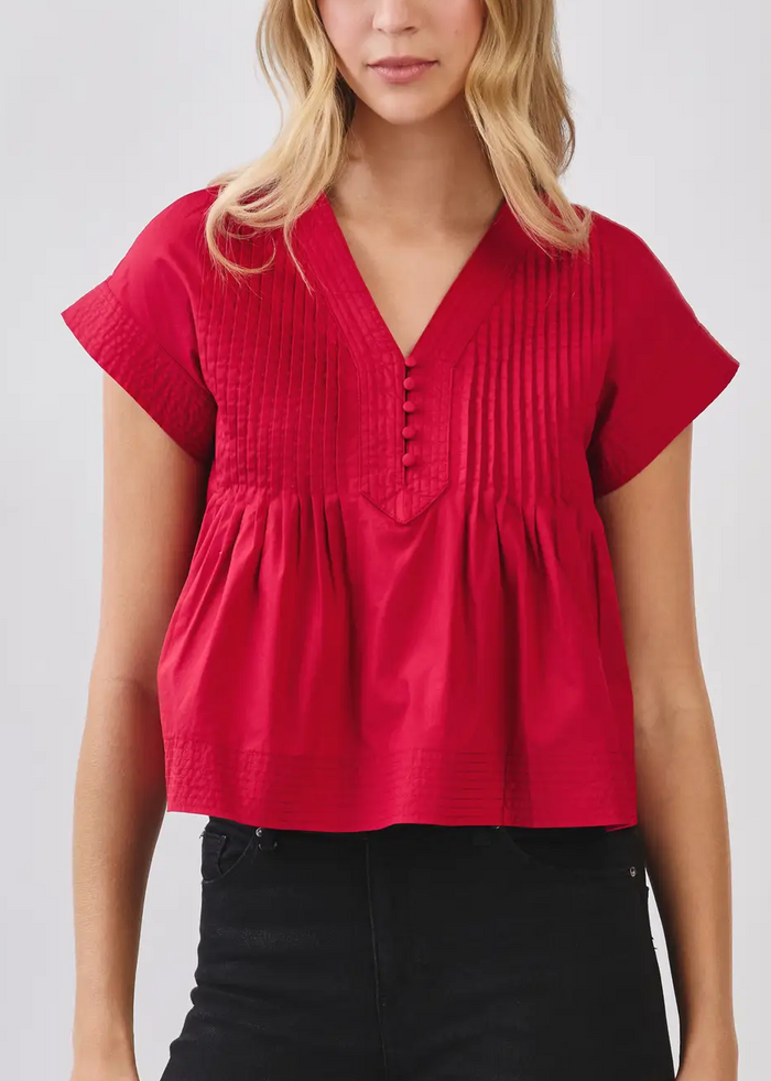 Everyday Win Pintuck Pleated Detail Poplin Top - Red