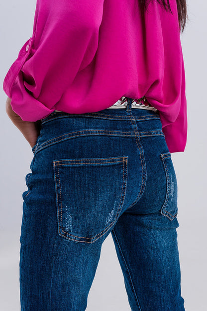 Exposed button ripped boyfriend jean in dark blue - Denim