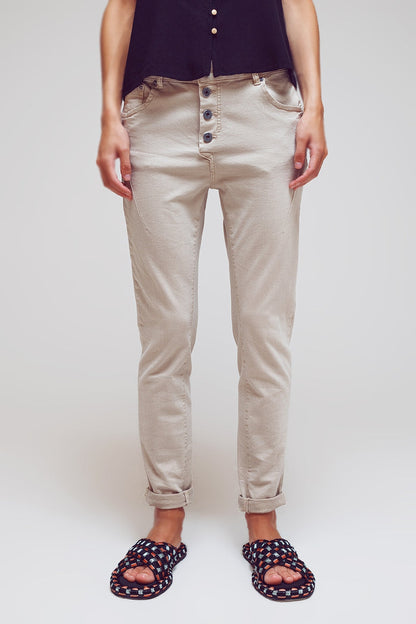 Exposed buttons skinny jeans in beige - Coloured Jeans
