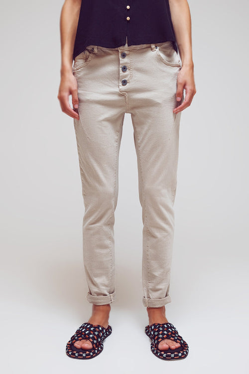 Exposed buttons skinny jeans in beige - Coloured Jeans