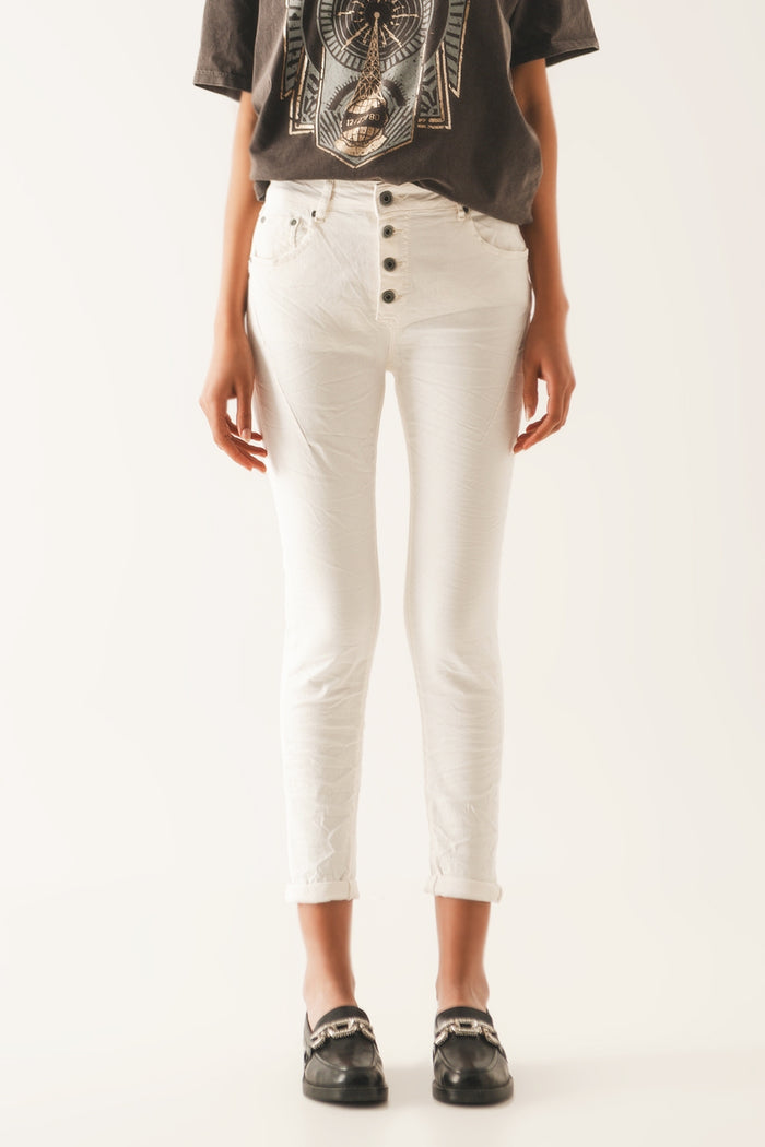 Exposed buttons skinny jeans in cream - Coloured Jeans