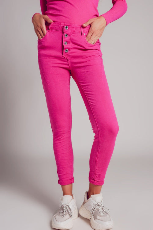 Exposed buttons skinny jeans in fuchsia - Coloured Jeans