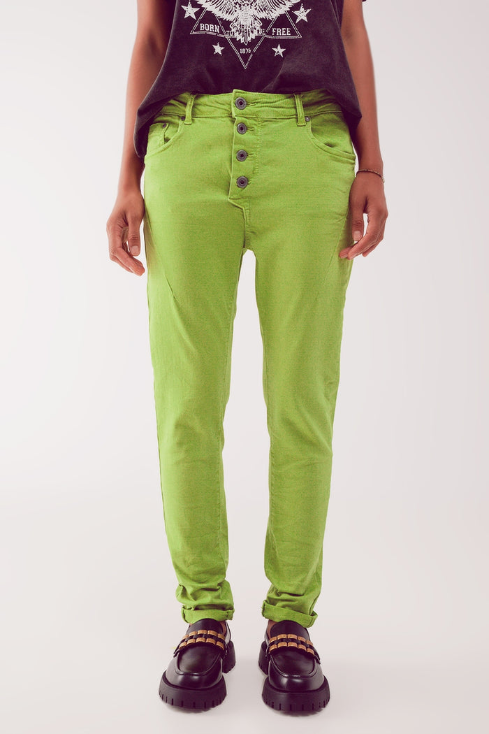 Exposed buttons skinny jeans in green - Coloured Jeans