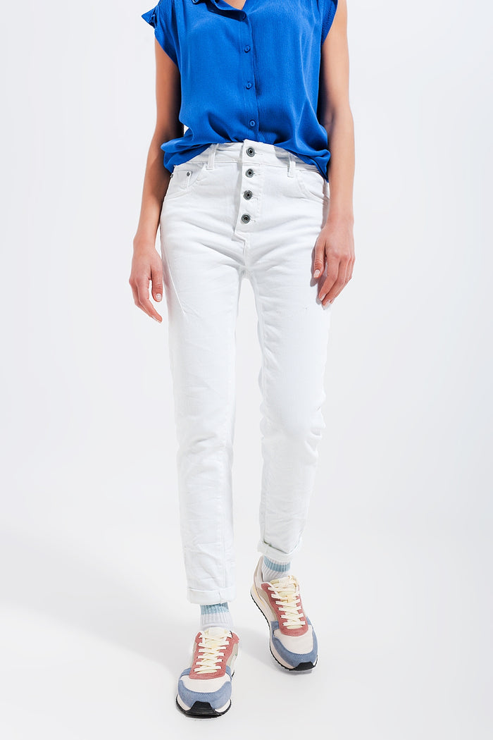 Exposed buttons skinny jeans in white - Coloured Jeans
