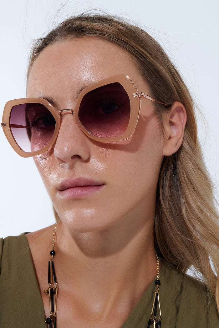 Extra Large Hexagonal Cat Eye Sunglasses in Beige