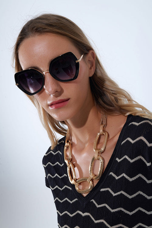 Extra Large Hexagonal Cat Eye Sunglasses in Black