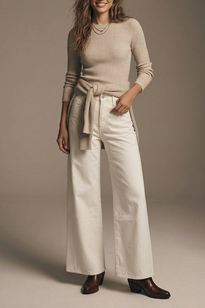 Extra wide leg trousers in cream color - Coloured Jeans