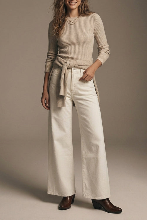 Extra wide leg trousers in cream color - Coloured Jeans