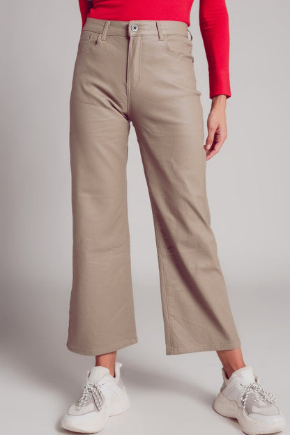 Faux leather wide leg trouser in beige - trousers