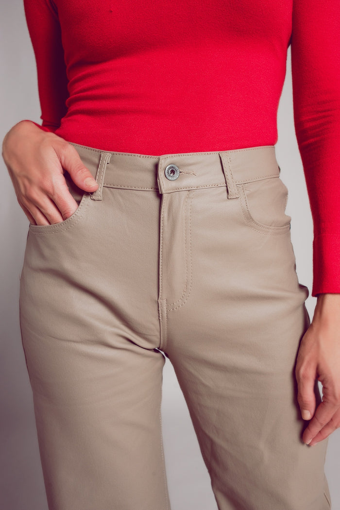 Faux leather wide leg trouser in beige - trousers