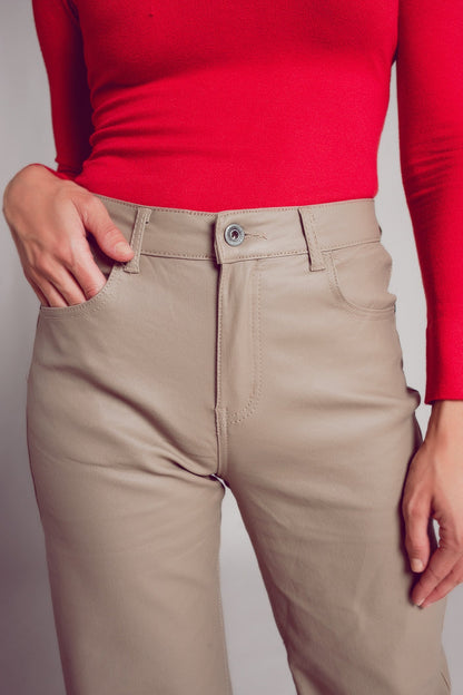 Faux leather wide leg trouser in beige - trousers
