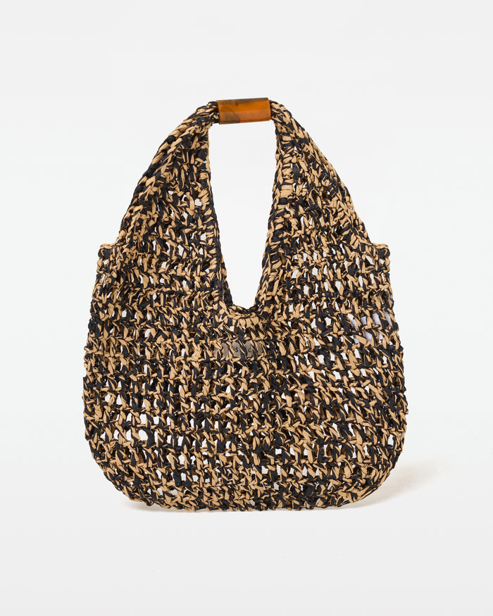 Off-model front view of the natural and black Faye Bag.