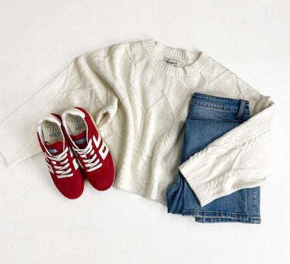 - FINAL SALE- Aria Diamond Cable Knit Sweater-Ivory
