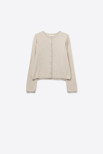 fine knit beige cardigan with rhinestone detail