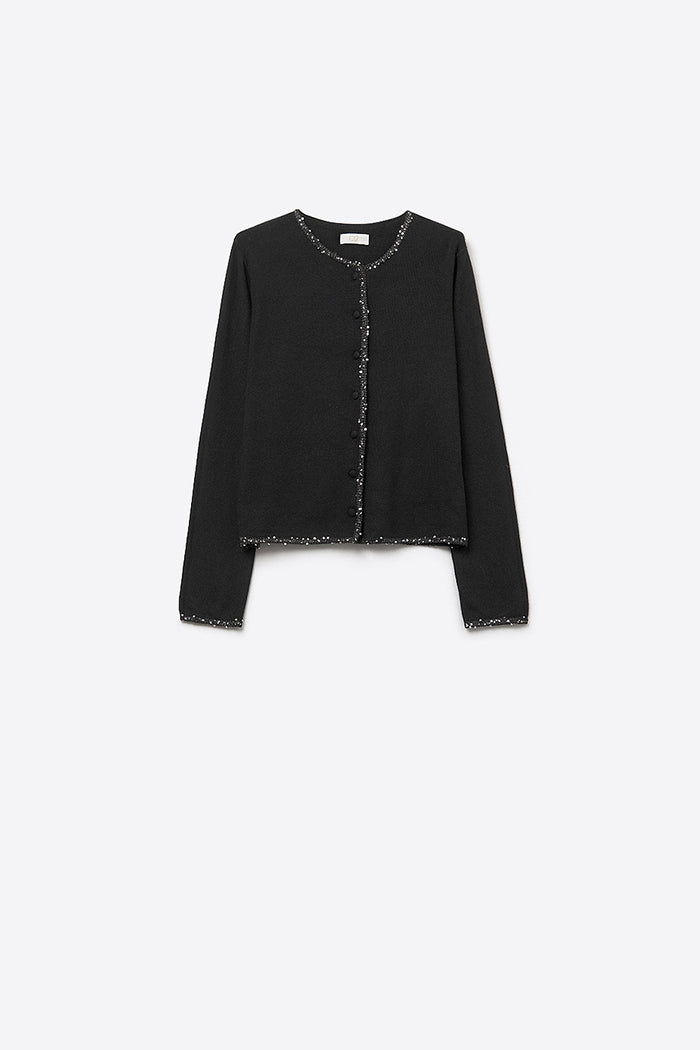 fine knit black cardigan with rhinestone detail
