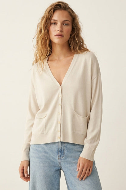 Fine Knit Cardigan with Front Pockets in beige