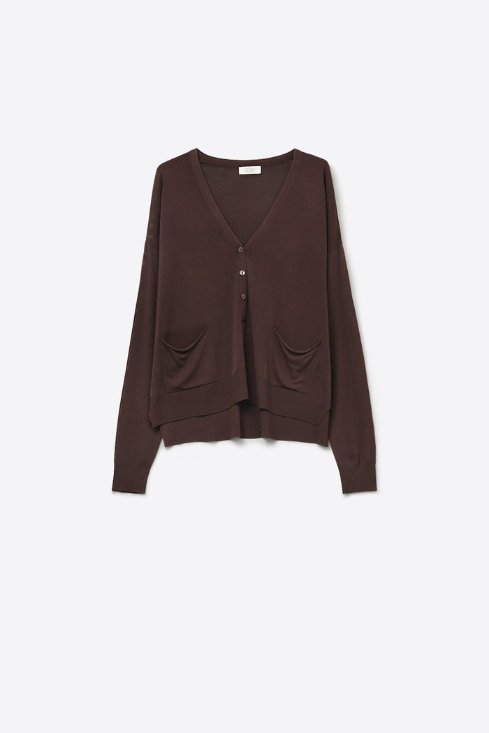 Fine Knit Cardigan with Front Pockets in brown