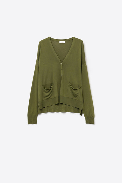 Fine Knit Cardigan with Front Pockets in khaki