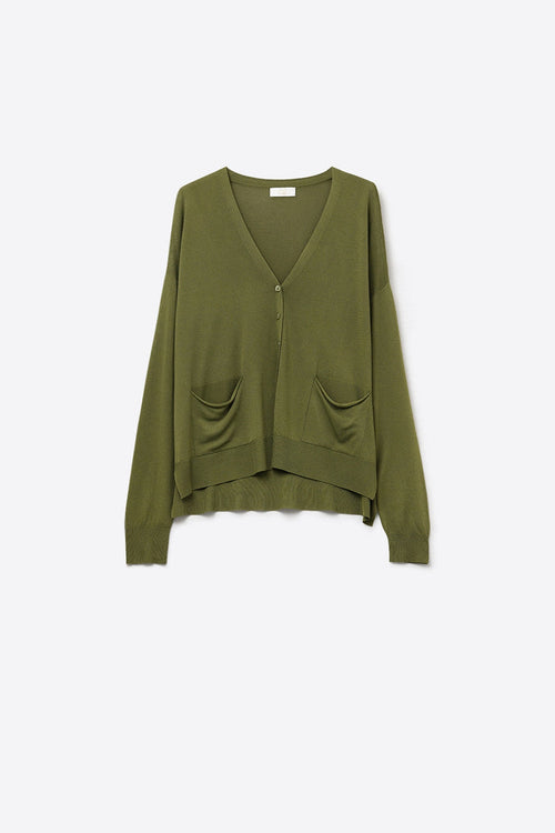 Fine Knit Cardigan with Front Pockets in khaki