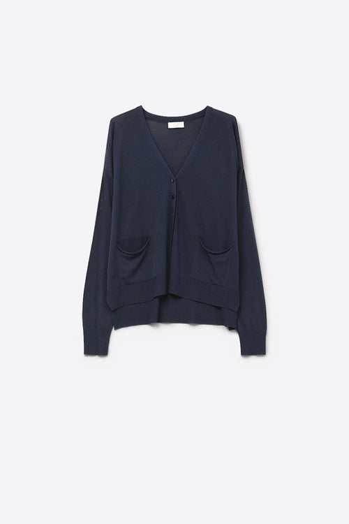 Fine Knit Cardigan with Front Pockets in navy
