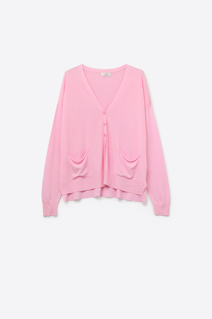 Fine Knit Cardigan with Front Pockets in pink