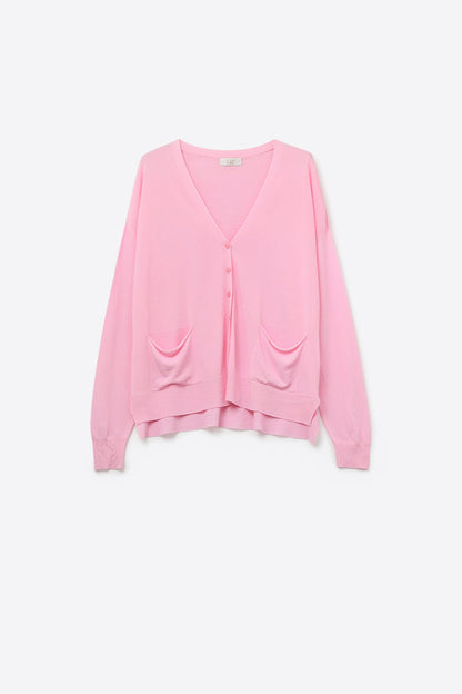 Fine Knit Cardigan with Front Pockets in pink
