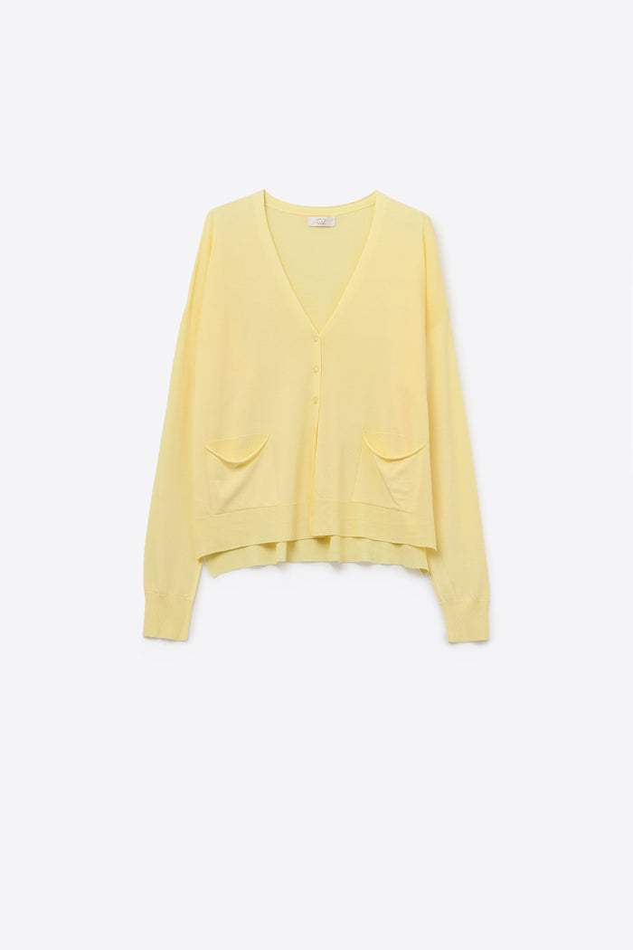 Fine Knit Cardigan with Front Pockets in Yellow