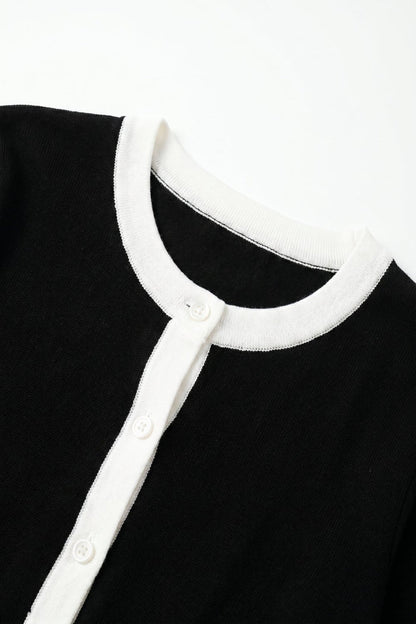 Fine Knit Contrast Trim Regular Fit Cardigan in black color