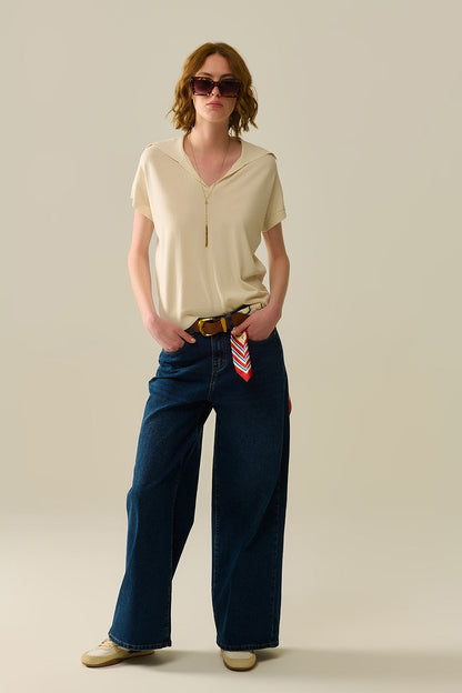 fine knit polo shirt in beige with short sleeves