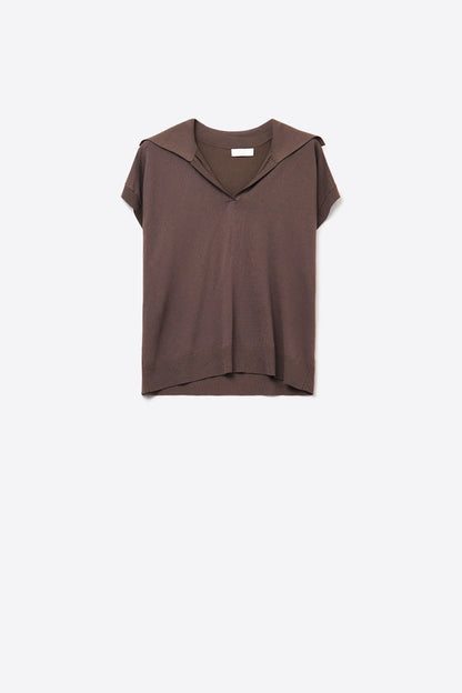 Fine Knit Polo-Style Short Sleeve Top in Brown