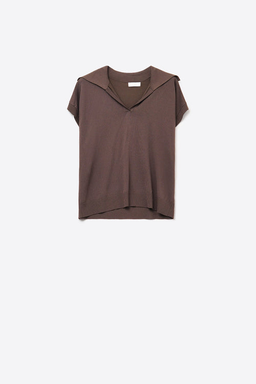 Fine Knit Polo-Style Short Sleeve Top in Brown
