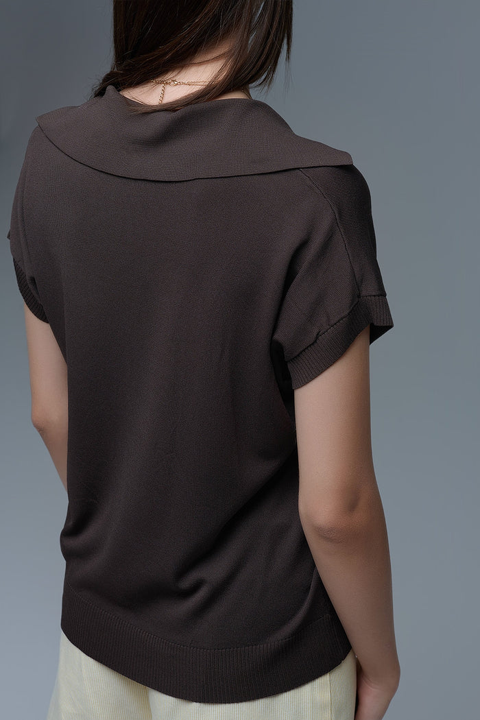 Fine Knit Polo-Style Short Sleeve Top in Brown