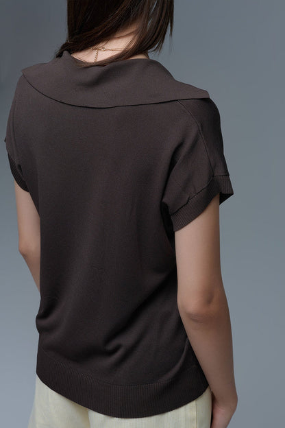 Fine Knit Polo-Style Short Sleeve Top in Brown
