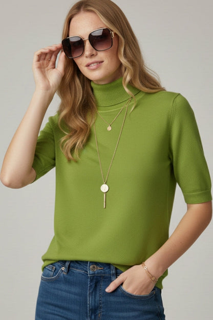 Fine knit sweater in olive green with a high neck and elbow-length sleeves