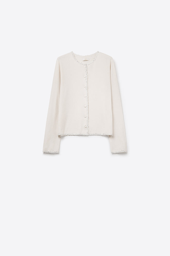 fine knit white cardigan with rhinestone detail