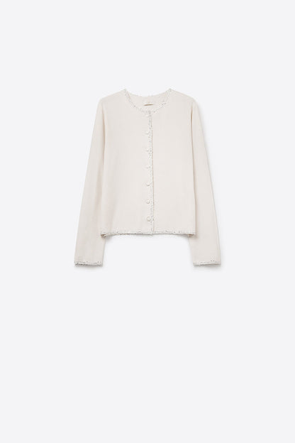 fine knit white cardigan with rhinestone detail