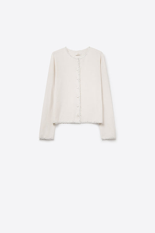 fine knit white cardigan with rhinestone detail